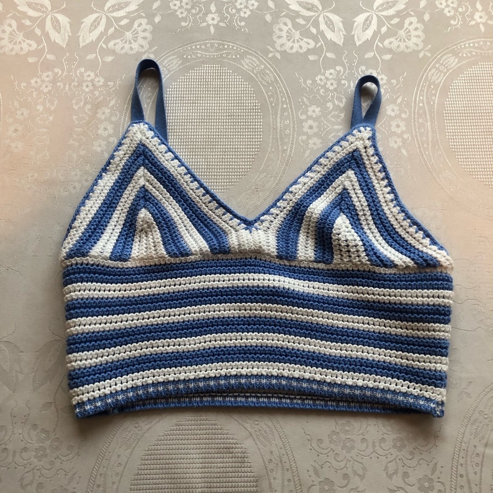 Hollister Blue/White Striped Crochet Knitted Crop Top Shirt Women’s Size S - Picture 16 of 16